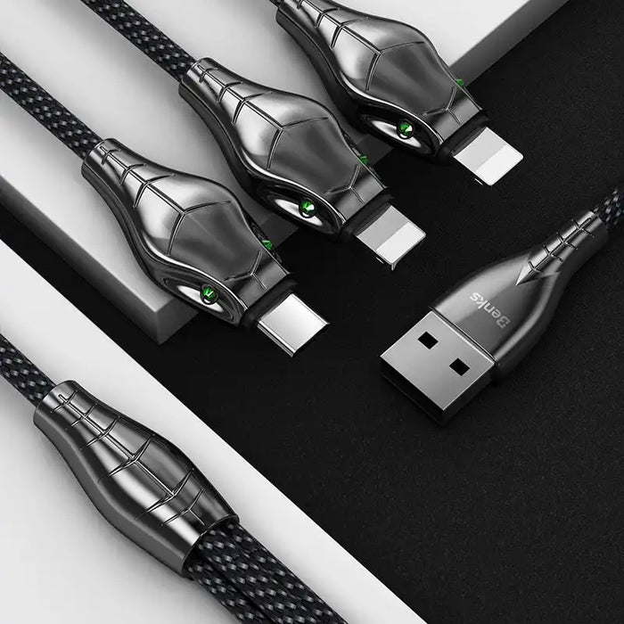 Black Mamba 3-in-1 Nylon-Braided 1.5m USB Cable | USB-A to Lightning & Type-C | Data Sync & Fast