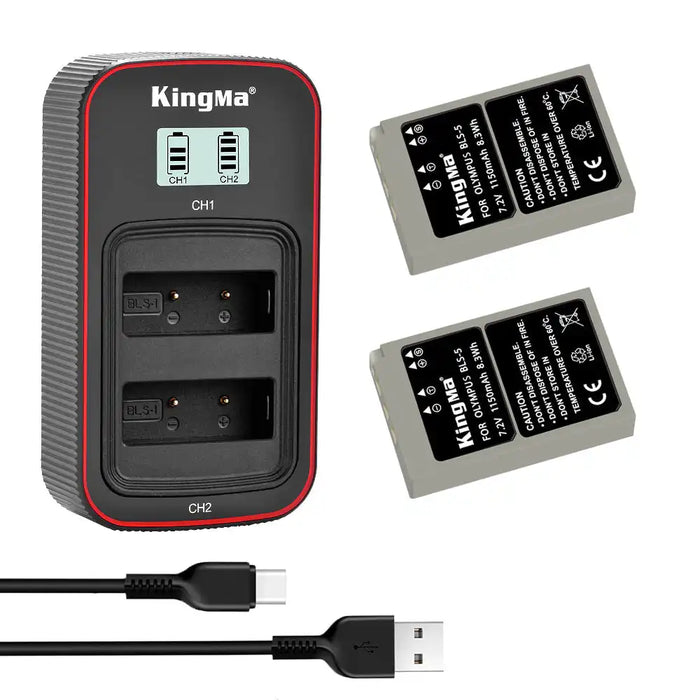 KingMa BLS-5 Set | Olympus | 1150mAh Battery | Dual Charger | LCD - 1